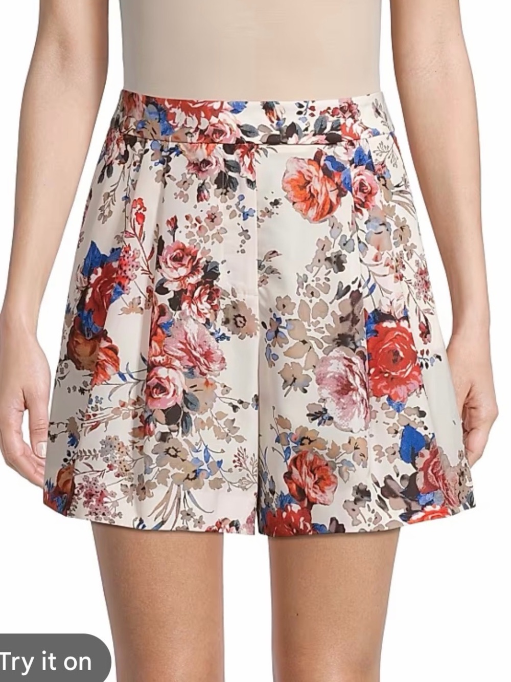 Ungaro Fever Cream High-Waist Floral Shorts with Red & Blue Blooms